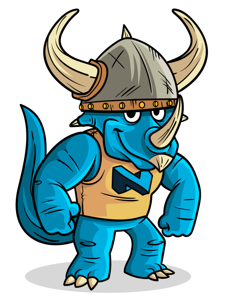 Cartoon image of a viking triceratops called TriNorsk