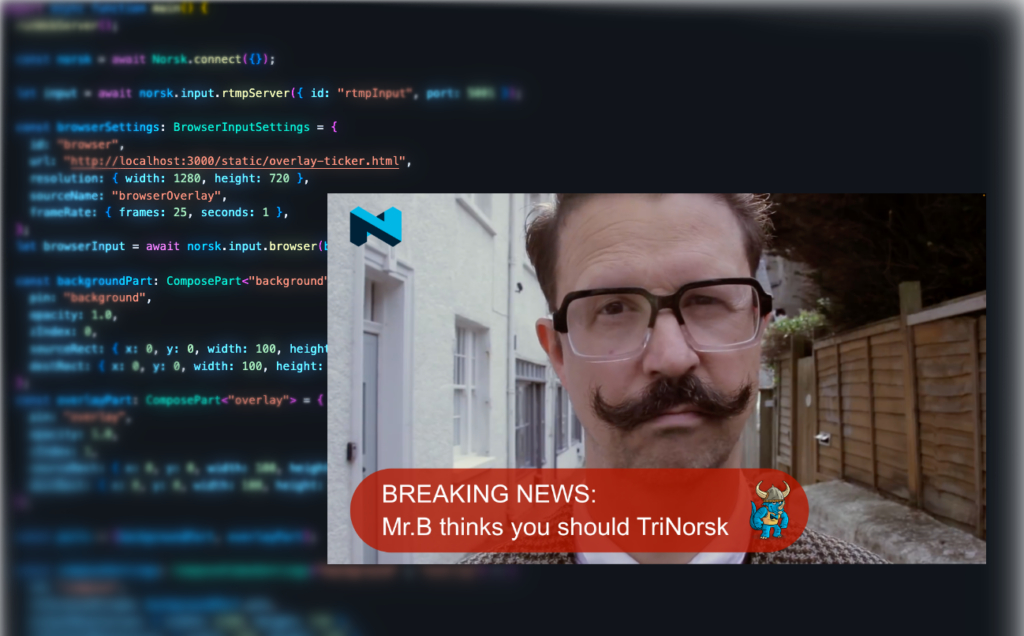 Picture in picture with the rapper MrB in front of lines of computer code. Chyron says "Breaking News: MrB thinks you should TriNorsk"