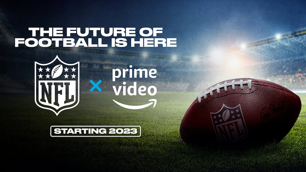 Image of a football, the NFL log, and the Prime Video logo, with the text saying "The Future of Football is Here Starting 2023"