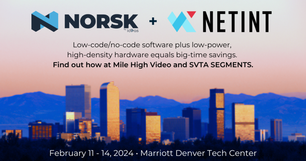 An image of the Denver skyline with the Norsk and NETINT corporate logos and text describing their exhibiting at the Mile-High Video Conference.