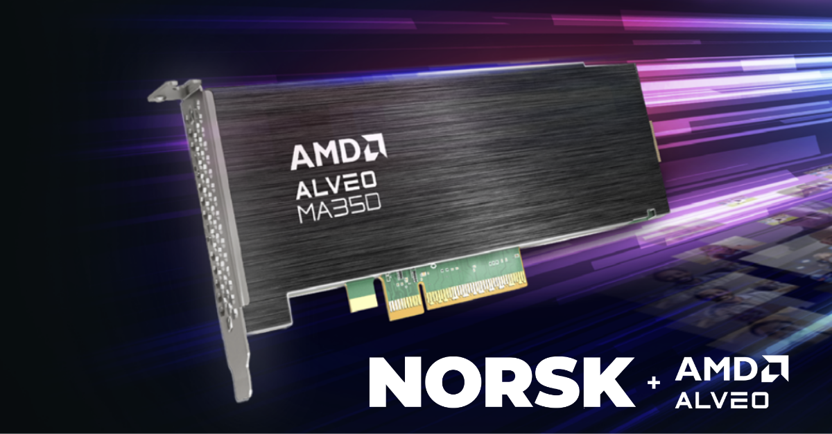 AMD Alveo graphics card, with Norsk and AMD logos