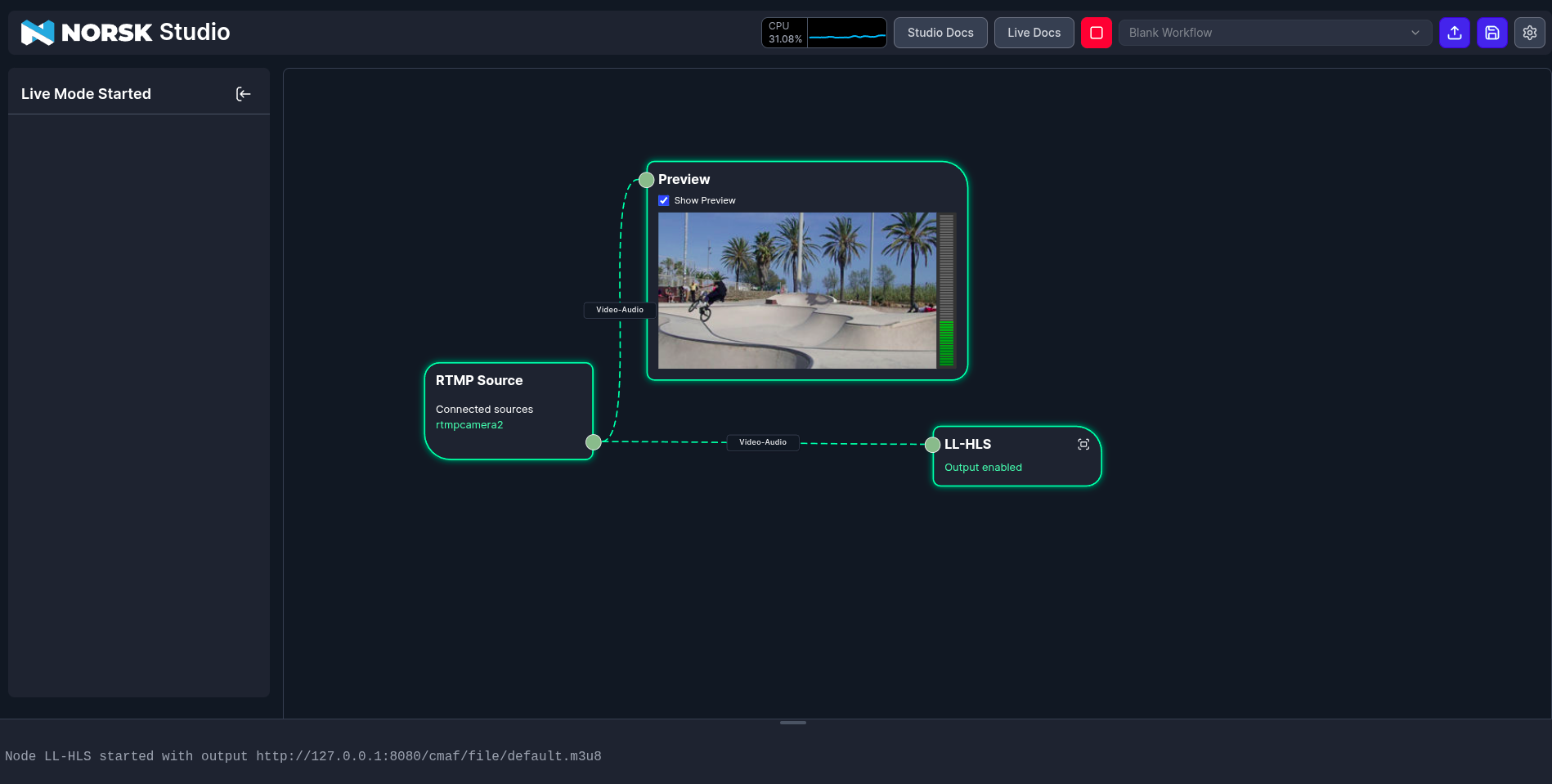 Screen shot of Norsk Studio video packaging showing an RTMP Source, a preview window, and an LL-HLS Output