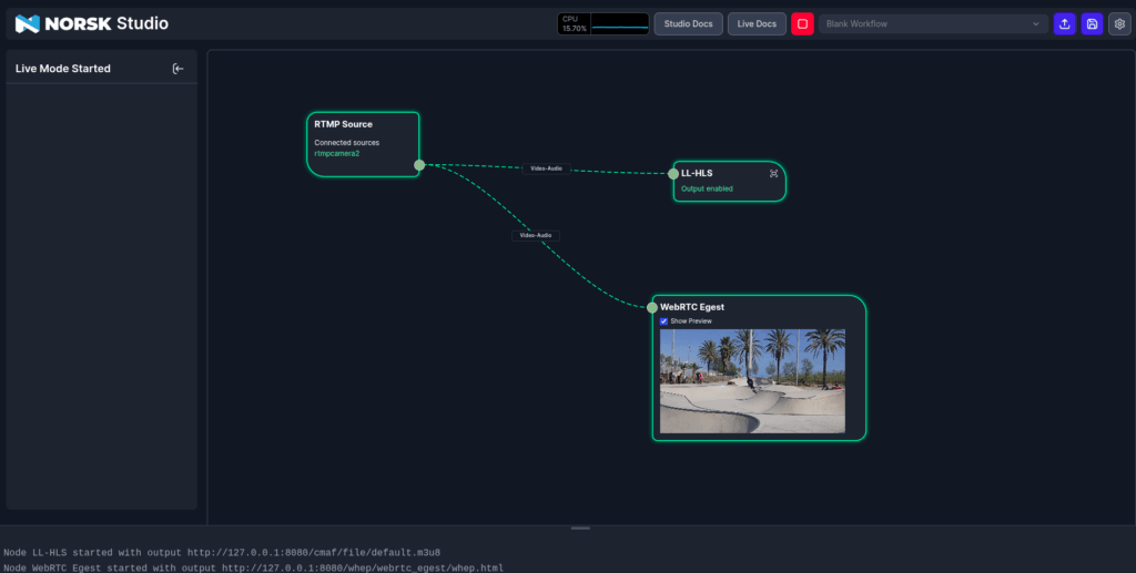 Screenshot of Norsk Studio showing an RTMP source, an LL-HLS output, and a WebRTC output